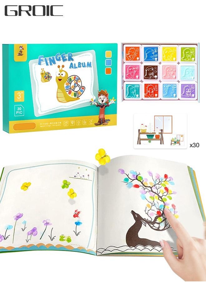 GROIC - Finger Painting Kit Kids Washable Paint Set, 30 Sheets Art Paper with 12 Colors and 1 Finger Album, Finger Paints Art Supplies Early Learning Gift for Kids Hand Painting DIY Crafts - Image 1