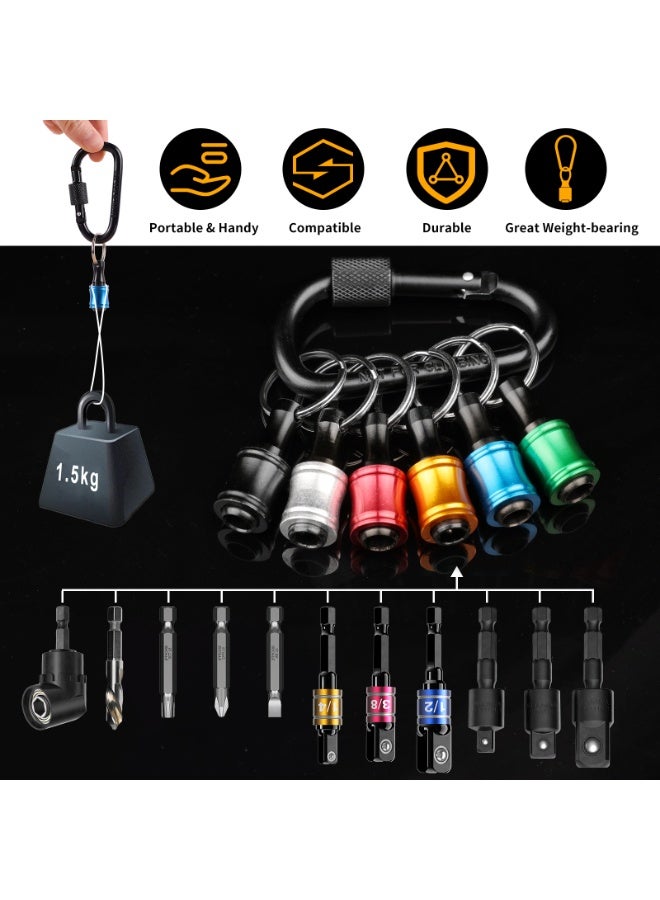 Katerk 1/4inch Hex Shank Aluminum Alloy Screwdriver Bits Holder Extension Bar Drill Screw Adapter Change Keychain Portable（6PC color with black carabiner）, Includes 105° Right Angle Drill - Image 3