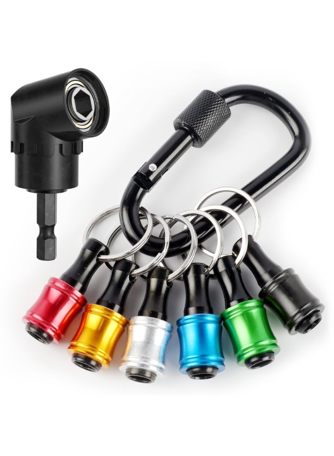 Katerk 1/4inch Hex Shank Aluminum Alloy Screwdriver Bits Holder Extension Bar Drill Screw Adapter Change Keychain Portable（6PC color with black carabiner）, Includes 105° Right Angle Drill - Image 1