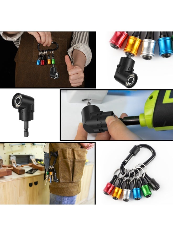 Katerk 1/4inch Hex Shank Aluminum Alloy Screwdriver Bits Holder Extension Bar Drill Screw Adapter Change Keychain Portable（6PC color with black carabiner）, Includes 105° Right Angle Drill - Image 2