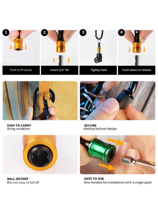 Katerk 1/4inch Hex Shank Aluminum Alloy Screwdriver Bits Holder Extension Bar Drill Screw Adapter Change Keychain Portable（6PC color with black carabiner）, Includes 105° Right Angle Drill - Image 4