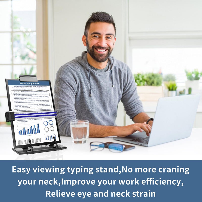 TONOS Paper Stand Document Holder - Quality Document Holder for Desk, Paper Stand for Desk When Typing, Sturdy Stainless Steel Copy Holder, Adjustable Angle, Paper Holder Stand for Desk Typing - Image 2