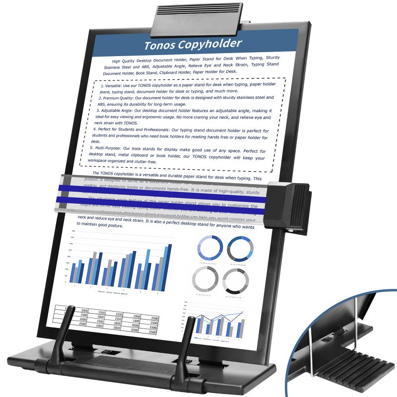 TONOS Paper Stand Document Holder - Quality Document Holder for Desk, Paper Stand for Desk When Typing, Sturdy Stainless Steel Copy Holder, Adjustable Angle, Paper Holder Stand for Desk Typing - Image 1