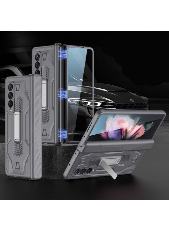 Generic Case Cover For Samsung Galaxy Z Fold 3 5G Integrated Magnetic Armor Flip Phone Case with Holder Grey 