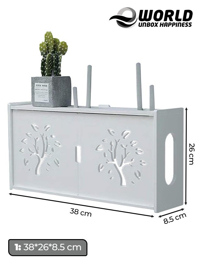 Stylish Wall Mounted Router Rack for Wi-Fi Router, Set-Top Box, Light Cat Box and More, Includes Doors and Patch Panel Shielding Box for Neat Storage, White