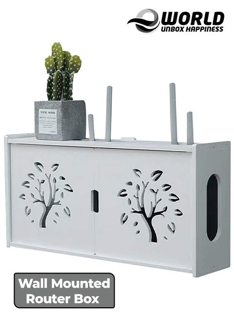 Stylish Wall Mounted Router Rack for Wi-Fi Router, Set-Top Box, Light Cat Box and More, Includes Doors and Patch Panel Shielding Box for Neat Storage, White