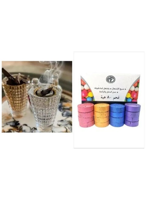 Colorful charcoal set of 80 pieces with crystal incense burner