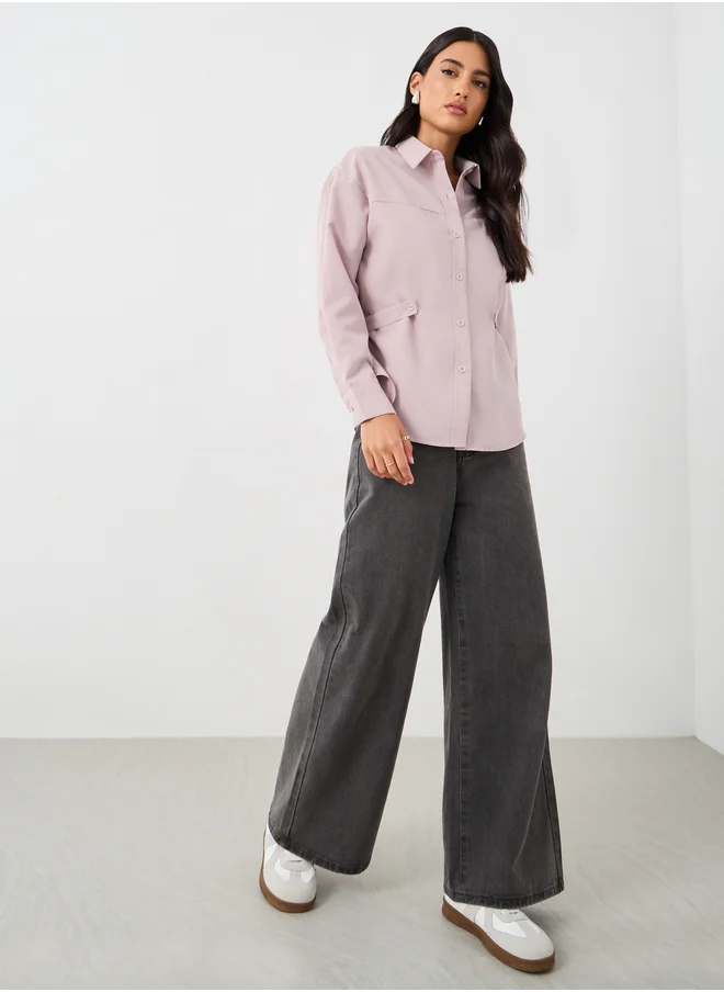 ستايلي Styli Solid Buttoned Spread Collar Shirt