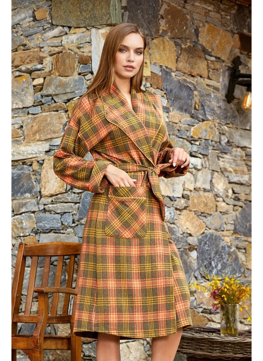 Cossy By Aqua 24056 Women's Plaid Pattern Long Dressing Gown-Khaki