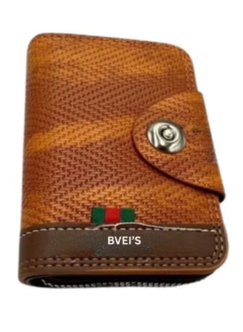BVEI'S Business Card Holder Wallet | Faux Leather with Button Closure Pocket Friendly Card Case Organizer for Men & Women | 11 Card Compartments RFID Blocking Credit, Debit, ID & Coins | Brown - Image 1