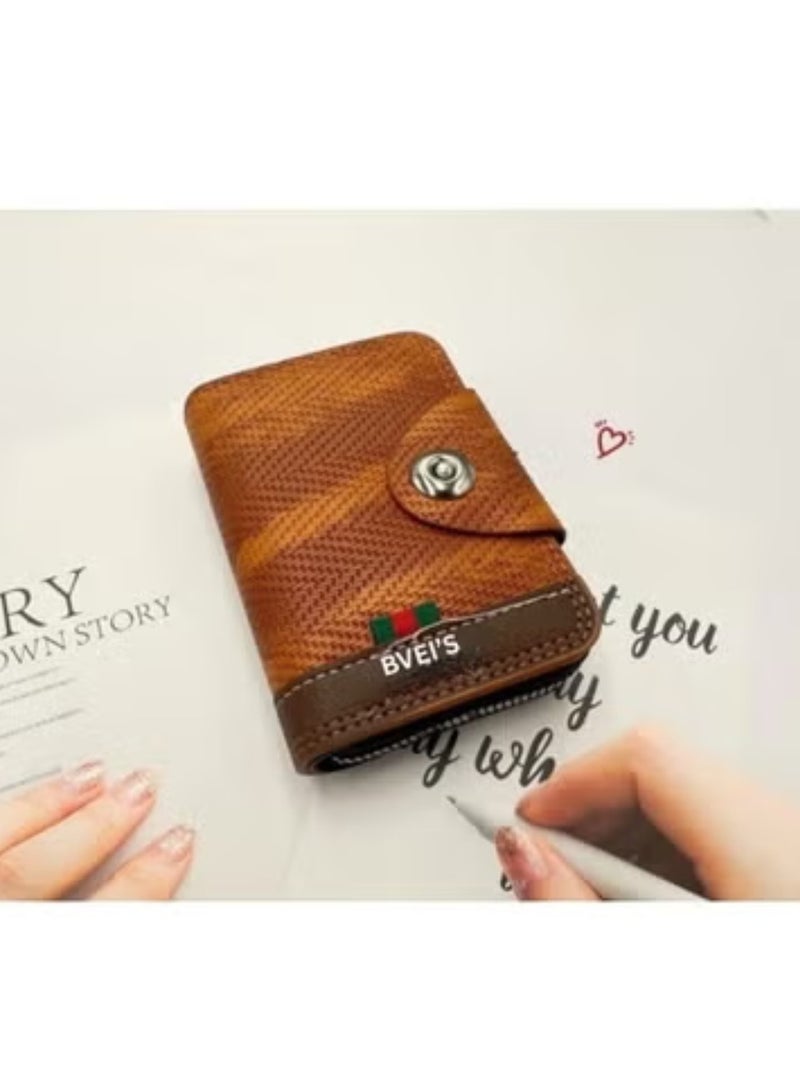 BVEI'S Business Card Holder Wallet | Faux Leather with Button Closure Pocket Friendly Card Case Organizer for Men & Women | 11 Card Compartments RFID Blocking Credit, Debit, ID & Coins | Brown - Image 3