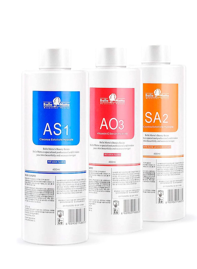 BRÜUN BRÜUN Hydrogen Oxygen Facial Machine Serums for Facial Cleansing – A Pack of 400ml 3 Aqua Peeling Solution AS1, SA2, and AO3 –Skin Care Hydra Solution for Vacuum face Cleaning Jet for Home and Spa  - Image 1