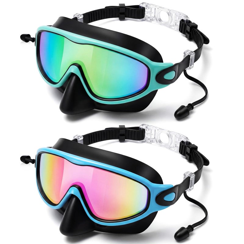 Saysurey 2 Pack Kids Swim Goggles with Nose Cover Wide View Diving Mask Anti Fog UV No Leaking Pool Swimming Goggle for Youth 8-14 (Green Colorful Green Gold,Blue Colorful Pink) - Image 1