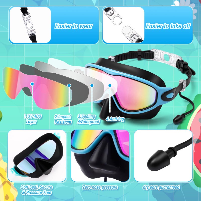 Saysurey 2 Pack Kids Swim Goggles with Nose Cover Wide View Diving Mask Anti Fog UV No Leaking Pool Swimming Goggle for Youth 8-14 (Green Colorful Green Gold,Blue Colorful Pink) - Image 4