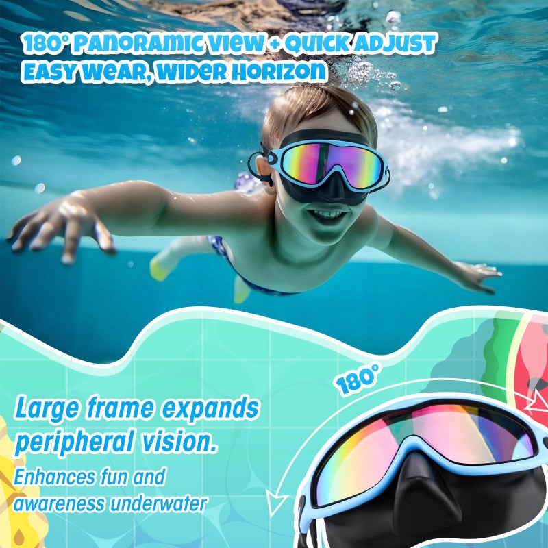 Saysurey 2 Pack Kids Swim Goggles with Nose Cover Wide View Diving Mask Anti Fog UV No Leaking Pool Swimming Goggle for Youth 8-14 (Green Colorful Green Gold,Blue Colorful Pink) - Image 5