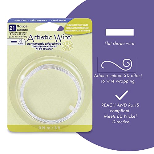 Artistic Wire, 21 Gauge, Flat, 3 mm x .75 mm / 0.12 in x 0.03 in, Tarnish Resistant Silver Plated, 3 ft / .91 m, AWB-21F-S10-03F - Image 2