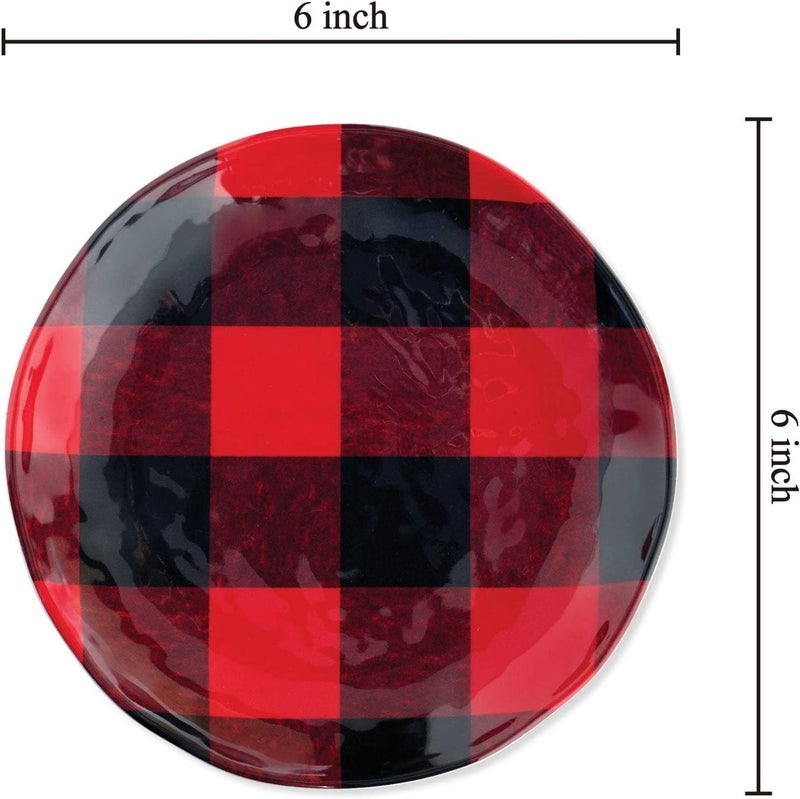UP UPware Buffalo Plaid Melamine Round Dessert Plates Small Serving Plates Christmas Decorations for Appetizer Snacks and Side Dishes Red and Black 6 Inch Set of 4 - Image 2