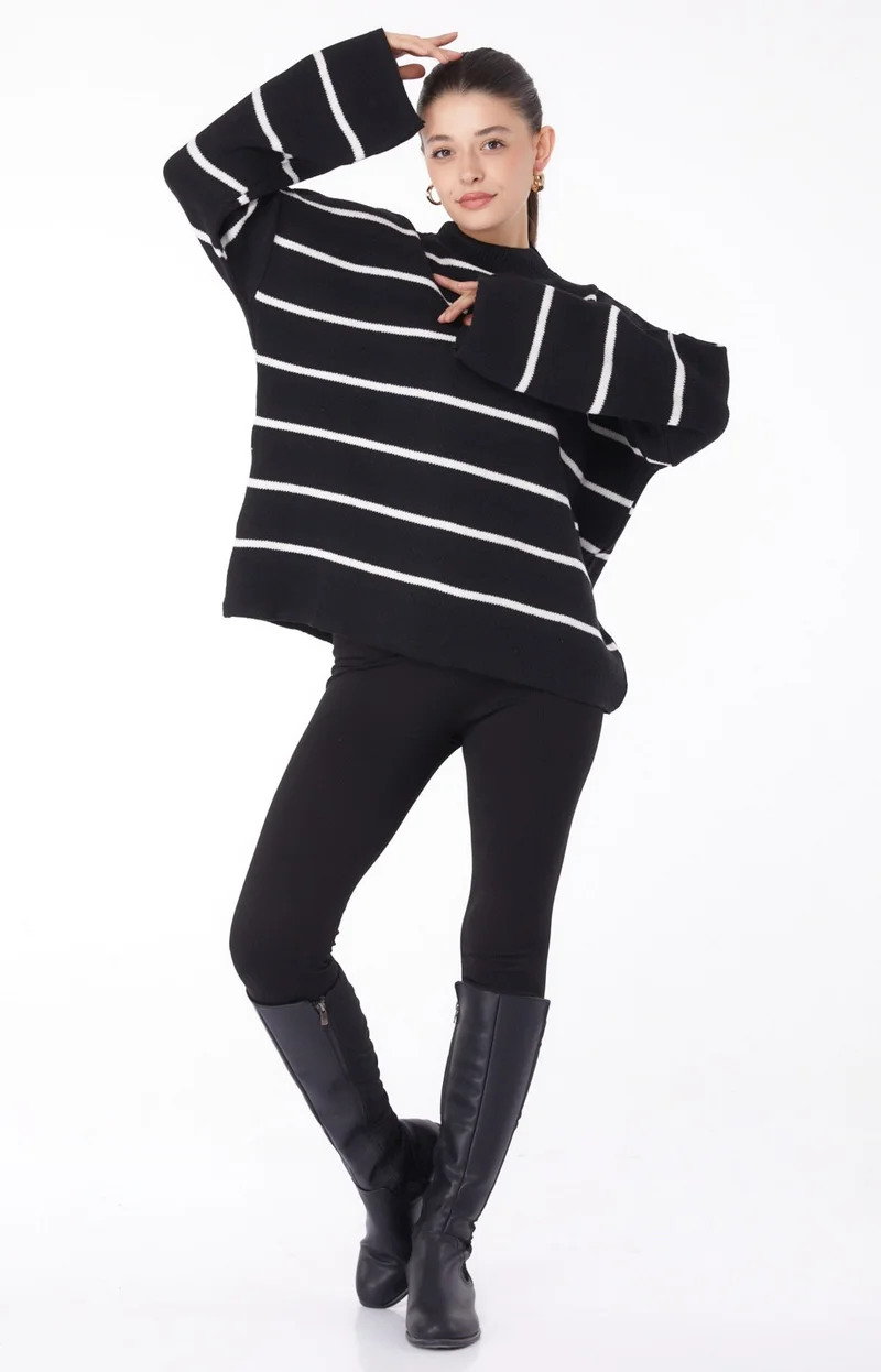 Tofisa Plain Mandarin Collar Women's Black Striped Knitwear Sweater - 26179