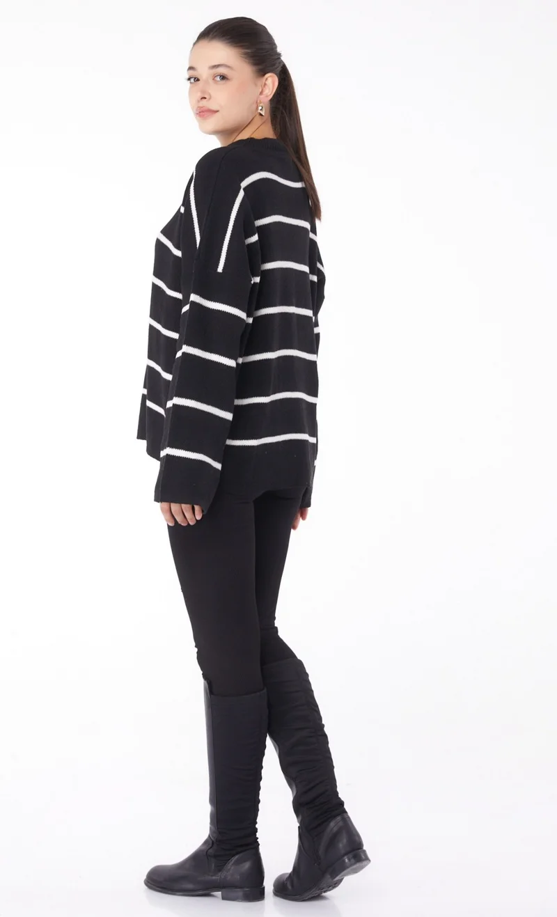 Tofisa Plain Mandarin Collar Women's Black Striped Knitwear Sweater - 26179