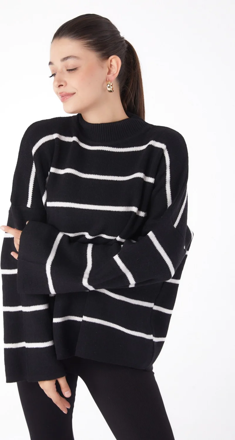 Tofisa Plain Mandarin Collar Women's Black Striped Knitwear Sweater - 26179
