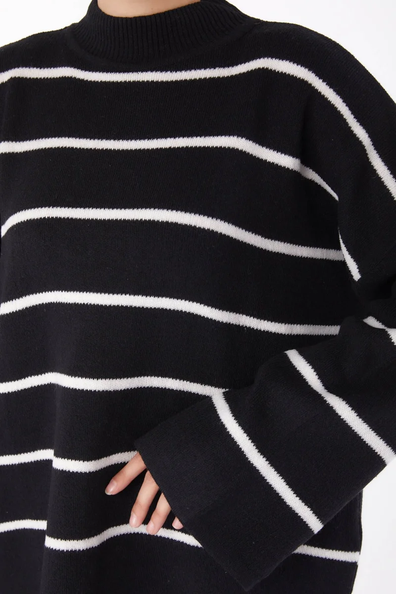 Tofisa Plain Mandarin Collar Women's Black Striped Knitwear Sweater - 26179