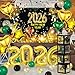 Janinus 2026 Novel Happy New Year Eve Party Decorations Set with Happy New Year Backdrop Black and Gold Confetti Balloons Clear Balloon Box Gold Party Confetti Pack Heart Star 2026 Number Foil Balloons - Image 2