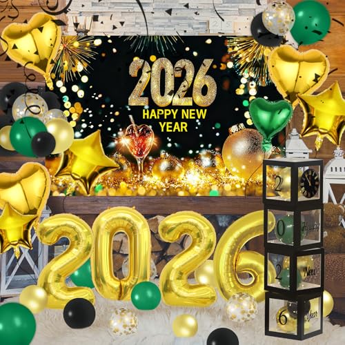 Janinus 2026 Novel Happy New Year Eve Party Decorations Set with Happy New Year Backdrop Black and Gold Confetti Balloons Clear Balloon Box Gold Party Confetti Pack Heart Star 2026 Number Foil Balloons - Image 1