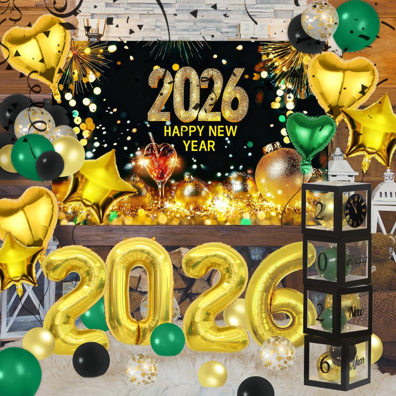 Janinus 2026 Novel Happy New Year Eve Party Decorations Set with Happy New Year Backdrop Black and Gold Confetti Balloons Clear Balloon Box Gold Party Confetti Pack Heart Star 2026 Number Foil Balloons - Image 3