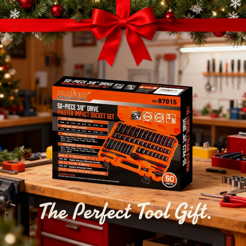 HORUSDY 3/8" Drive Impact Socket Set, 50-Piece Standard SAE (5/16 to 3/4 inch) and Metric (8-22mm) Size, 6 Point, Cr-V, 3/8-Inch Drive Ratchet Handle, Drive Extension Bar, Impact Universal Joint - Image 2