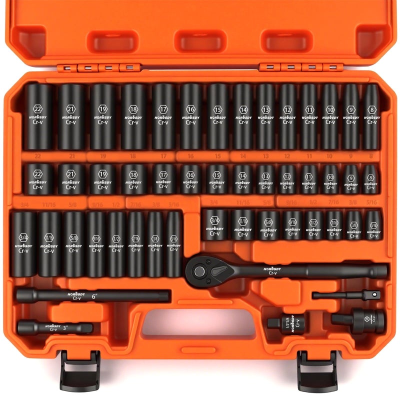HORUSDY 3/8" Drive Impact Socket Set, 50-Piece Standard SAE (5/16 to 3/4 inch) and Metric (8-22mm) Size, 6 Point, Cr-V, 3/8-Inch Drive Ratchet Handle, Drive Extension Bar, Impact Universal Joint - Image 1