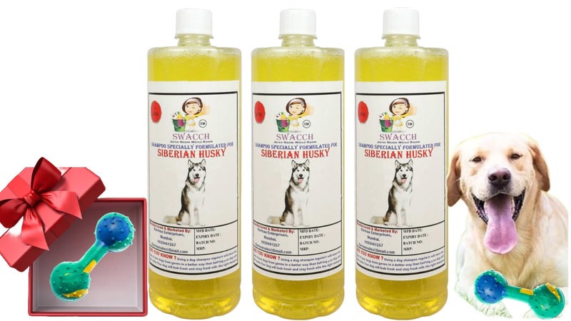 swacch Siberian Husky Dog Shampoo + Dumbbell Toy I Durable Rubber Dog Toy for Chewing I Playing,Teeth Cleaning & Training Toy I Combo Pack I 1 Litre Pack of 3 Lemon - Image 1