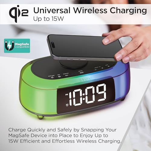 iHome Alarm Clock Radio with Qi2 Magnetic Wireless Charger, Bluetooth Speaker, and 2 USB Chargers (iBTW282) - Image 3