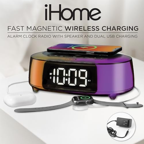 iHome Alarm Clock Radio with Qi2 Magnetic Wireless Charger, Bluetooth Speaker, and 2 USB Chargers (iBTW282) - Image 2