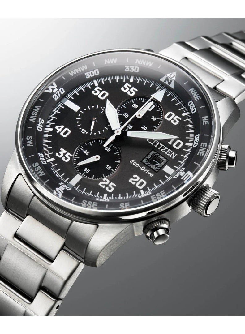CITIZEN ساعة يد كرونوغراف للرجال إيكو درايف CA0690-88E، 44 مم قرص أسود، علبة وسوار من الفولاذ المقاوم للصدأ، 100 م مقاومة للماء - Image 1