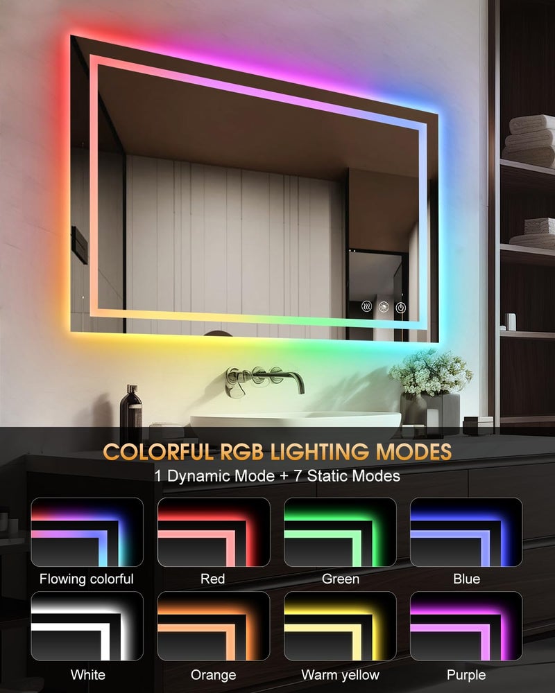oneup 24x32'' RGB Bathroom Mirror with Lights,RGB Color Changing LED Bathroom Mirror for Wall,Lighted Vanity Mirrors,Dimmable,Anti-Fog,IP54 Waterproof - Image 2