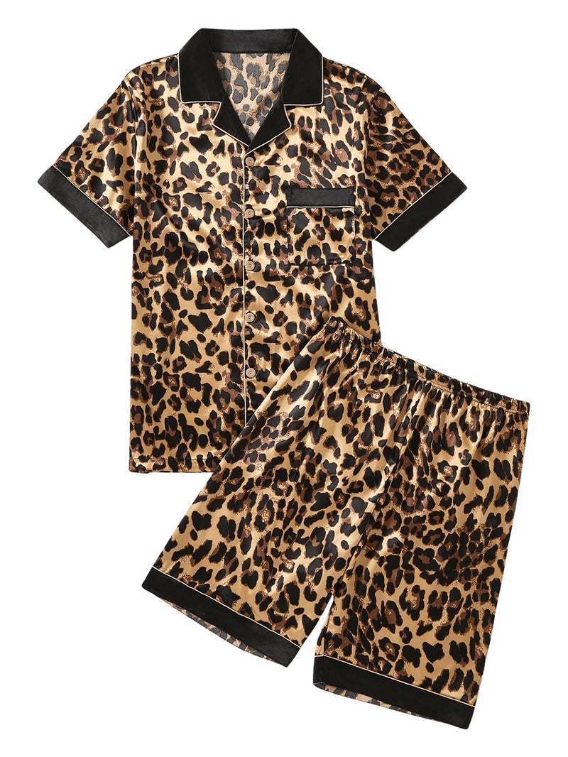 WDIRARA Men's 2 Piece Leopard Print Satin Pajama Set Button Down Short Sleeve Shorts Loungewear Sets Brown Medium - Image 1