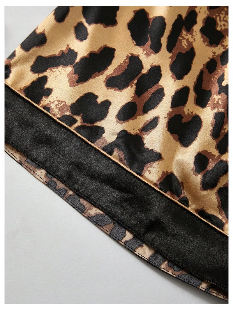 WDIRARA Men's 2 Piece Leopard Print Satin Pajama Set Button Down Short Sleeve Shorts Loungewear Sets Brown Medium - Image 5