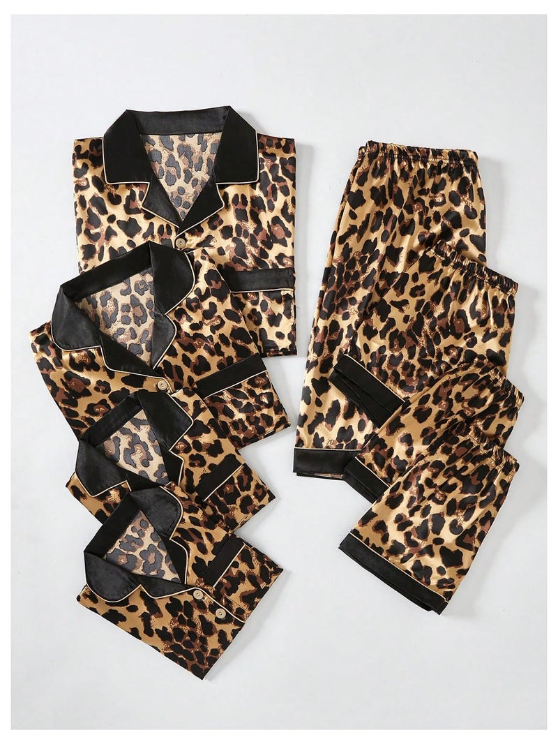 WDIRARA Men's 2 Piece Leopard Print Satin Pajama Set Button Down Short Sleeve Shorts Loungewear Sets Brown Medium - Image 4