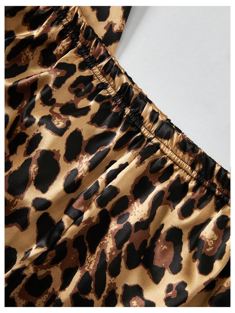 WDIRARA Men's 2 Piece Leopard Print Satin Pajama Set Button Down Short Sleeve Shorts Loungewear Sets Brown Medium - Image 2