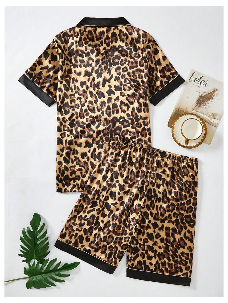 WDIRARA Men's 2 Piece Leopard Print Satin Pajama Set Button Down Short Sleeve Shorts Loungewear Sets Brown Medium - Image 3