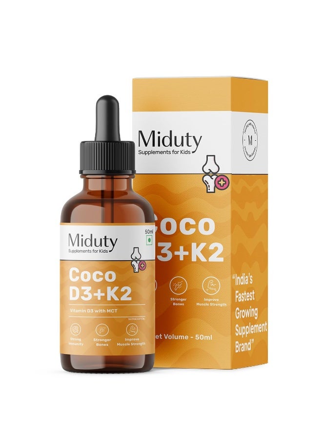Miduty Coco D3 + K2 Vitamin D3 Drops for Babies & Kids | Cholecalciferol + MK-7 for Stronger Bones, Teeth, Joints & Immunity | 50 ml - Image 1