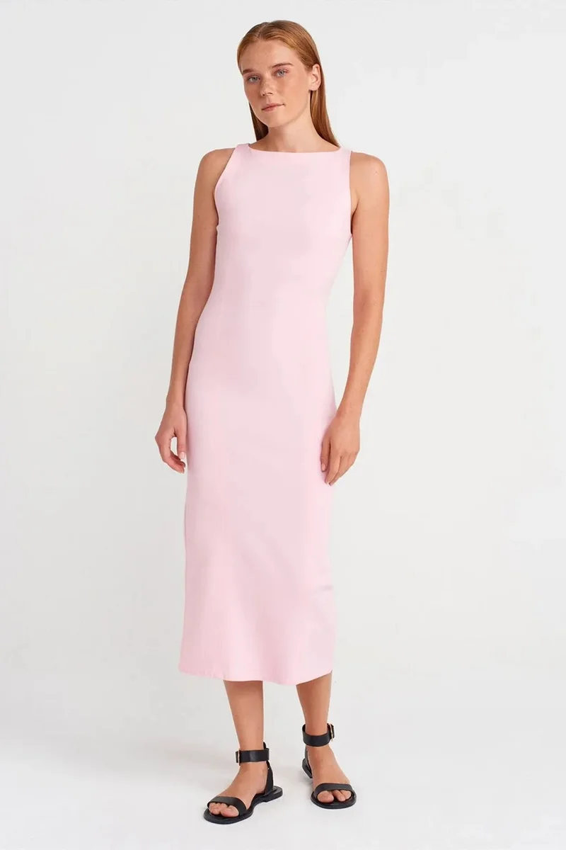 Dilvin Powder Pink DILVIN Sleeveless Midi Bodycon Dress With Slit for Women | Best Price UAE