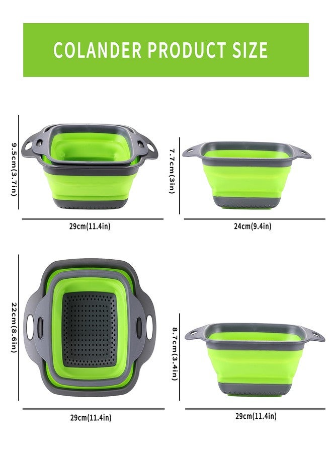 JJOO 2PCS Collapsible Strainer, JJOO Silicone Collapsible Colander, 11.5 inch Square Silicone Colander and 9.5inch Square Silicone Colander, Vegetable and Fruit Colander, Kitchen Food Strainers (Green) - Image 2