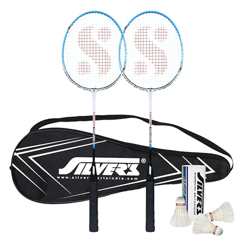Silvers Silver's Aluminium Champ Badminton Kit (2 Racquets with Full Cover, 1 Box Feather Shuttlecock Pack of 3)(Blue/White) - Image 1