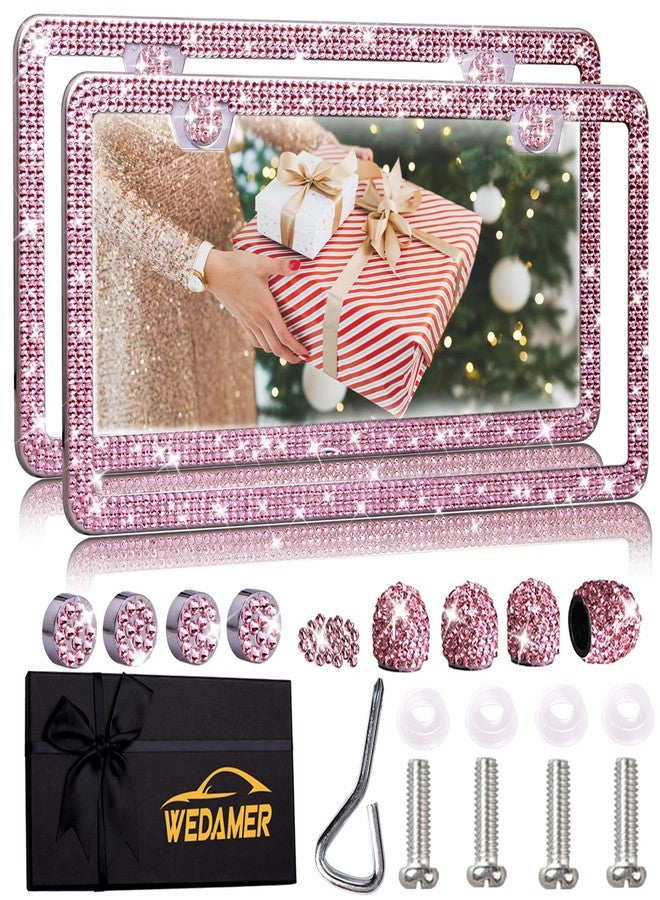 WEDAMER Pink Bling License Plate Frame Pink License Plate Frame Pink Rhinestone License Plate Frame Pink Sparkly License Plate Frame Bedazzled Glitter Licence Plate Frame Holder Cover for Women 2 Pack - Image 1