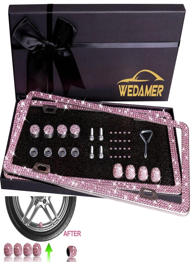 WEDAMER Pink Bling License Plate Frame Pink License Plate Frame Pink Rhinestone License Plate Frame Pink Sparkly License Plate Frame Bedazzled Glitter Licence Plate Frame Holder Cover for Women 2 Pack - Image 2
