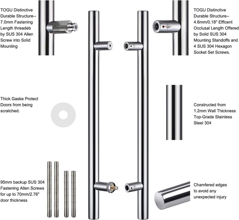 TOGU TG-6012 450mm /18 inch SUS 304 Stainless Steel Door Pull Handle/Long Door Handle with Solid mounting standoffs,Working as Push Pull Door Handles/Shower Door Handle, Polished Chrome Finish - Image 3