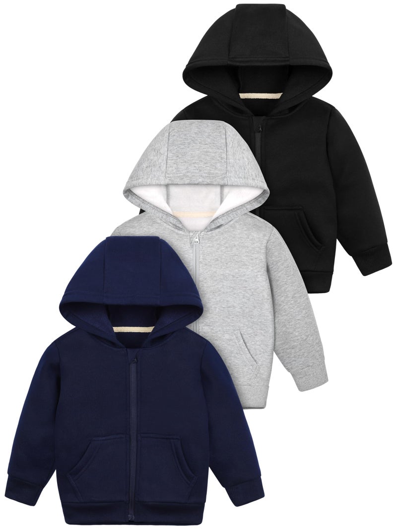 Cooraby 3 Packs Baby and Toddler Boys Long Sleeve FullZip Hoodies Infant Fleece Hooded Sweatshirts Jacket with Pouch Pockets