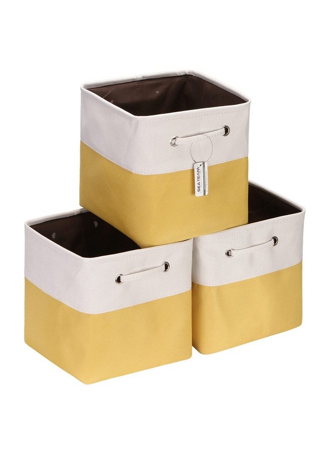 Sea Team Sea Team 3-Pack Cubic Storage Basket Set, Storage Cube Organizer, Clothes Toys Bin, 11 x 11 x 11 Inches, Big Square Canvas Fabric Collapsible Shelf Box with Handles for Kids Room (Yellow/White)  - Image 1