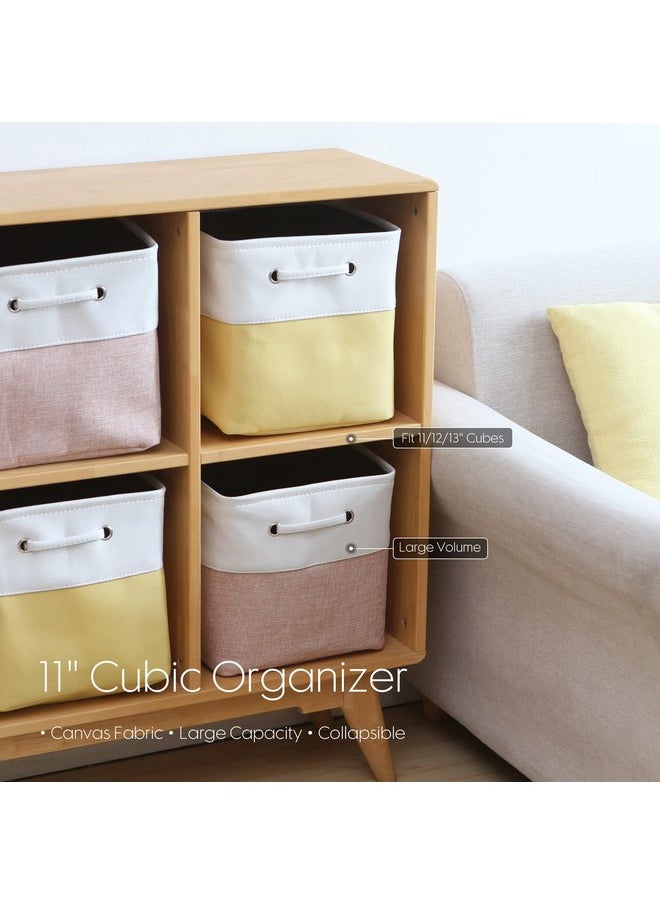 Sea Team Sea Team 3-Pack Cubic Storage Basket Set, Storage Cube Organizer, Clothes Toys Bin, 11 x 11 x 11 Inches, Big Square Canvas Fabric Collapsible Shelf Box with Handles for Kids Room (Yellow/White)  - Image 2